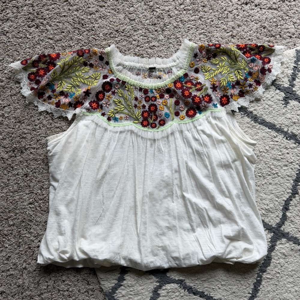 Free People White Top with Multicolor Floral Embroidery